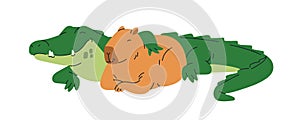 Capybara and crocodile, funny cute animal friends. Happy croc and capy, capibara couple, lying and relaxing together