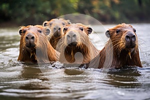 Capybara family enjoying a swim in the river