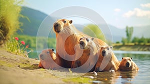 Capybara family relaxing by a riverbank