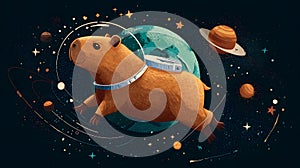 Capybara flying in outer space in a spacesuit against the background of planets