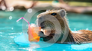 Capybara holds a summer cocktail and swims in a pool of turquoise water. Slowcation concept.
