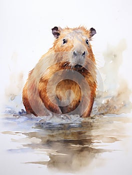 Capybara Lounging Near Water: Watercolor Illustration AI Generated