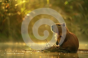 Capybara on the riverbank. Wildlife scene from nature. AI Generated