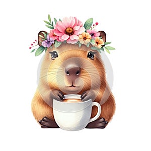 Capybara standing on a coffee cup