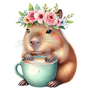 Capybara standing on a coffee cup