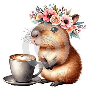 Capybara standing on a coffee cup