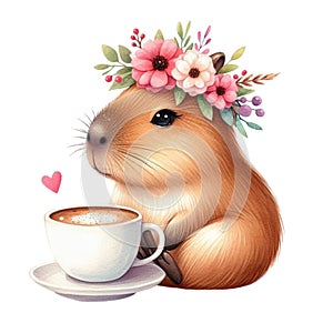 Capybara standing on a coffee cup