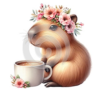 Capybara standing on a coffee cup