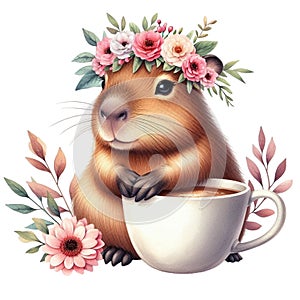 Capybara standing on a coffee cup