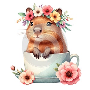 Capybara standing on a coffee cup