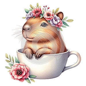 Capybara standing on a coffee cup