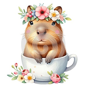 Capybara standing on a coffee cup