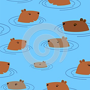 Capybara in water Pattern seamless. guinea pig swims Background. Baby fabric texture