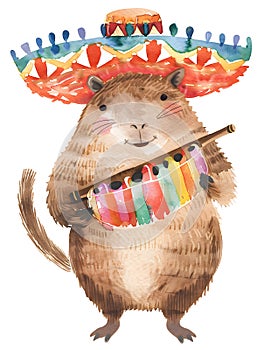 Capybara wearing sombrero and plays a musical instrument. Cute watercolor illustration on white background.
