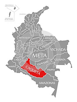 Caqueta red highlighted in map of Colombia photo
