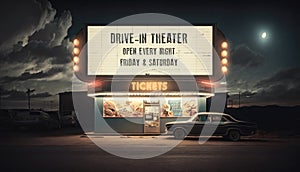 Car at at 60s drive-in theater at at the tickets booth