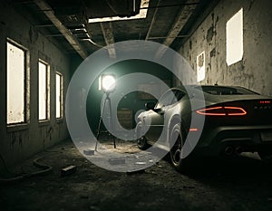 The car is in an abandoned building