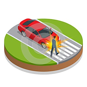 Car accident. Accident car and pedestrian. Flat 3d vector isometric illustration.