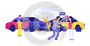 Car accident. Angry male female drivers and insurance manager. Isolated autos in fire vector illustration