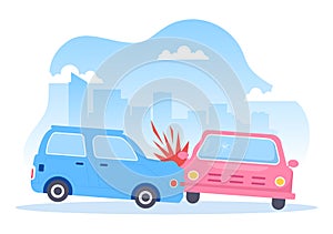 Car Accident Background Illustration with Two Cars Colliding or Hitting Something on the Road Causing Damage in Cartoon Flat Style