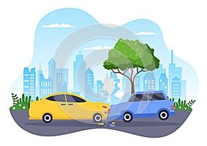 Car Accident Background Illustration with Two Cars Colliding or Hitting Something on the Road Causing Damage in Cartoon Flat Style