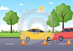 Car Accident Background Illustration with Two Cars Colliding or Hitting Something on the Road Causing Damage in Cartoon Flat Style