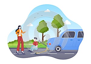 Car Accident Background Illustration with Two Cars Colliding or Hitting Something on the Road Causing Damage in Cartoon Flat Style