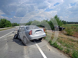 Car accident. Broken crash car on road