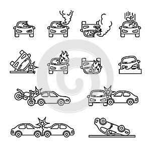 Car accident, Car crash related vector icon set. thin line style.