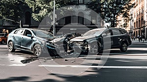 A car accident on a city street, two cars are smashed in a collision. Disregard for traffic rules. AI generation