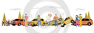 Car accident concept. Cartoon man driver calling for help after car crash, vehicle insurance service, road safety and