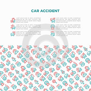 Car accident concept with thin line icons: crashed cars, tow truck, drunk driving, safety belt, traffic offense, falling in water