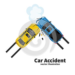 Car accident concept. Two crash cars top view. Transport incident, cartoon style.