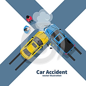 Car accident concept. Two crash cars top view. Transport incident, cartoon style.