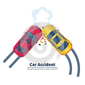 Car accident concept. Two crash cars top view. Vector flat.