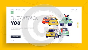 Car Accident or Conflict on Road Landing Page Template. Drivers Characters Arguing on Roadside at Automobiles Situation