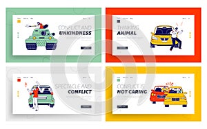 Car Accident, Conflict on Road Landing Page Template Set. Drivers Characters Arguing on Roadside at Automobiles, Traffic