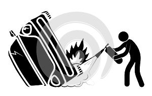 Car accident, crash. Collision of cars on road, side impact at an intersection. Stick man extinguishes with fire extinguisher.