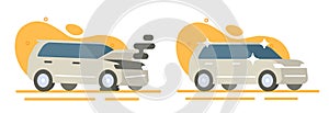 Car accident crash flat icon vector, new old auto vehicle graphic illustration, before after damage automobile, prepared clean