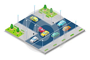 Car accident and crash, vector isometric 3D illustration. Collision at intersection of the main and secondary roads.