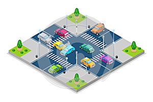 Car accident and crash, vector isometric 3D illustration. Collision at intersection with traffic lights.