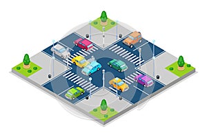 Car accident and crash, vector isometric 3D illustration. Collision at intersection with traffic lights. photo