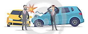 Car accident. Damaged autos angry scared men. Businessmen vector character and crashed cars