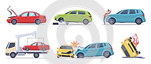 Car accident. Damaged transport on the road repair service insurances vehicle vector illustrations in cartoon style