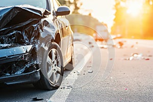 car accident with damaged vehicles close-up copy space photo