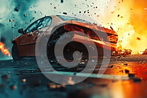 car accident with damaged vehicles close-up copy space photo