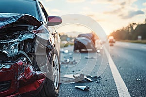 car accident with damaged vehicles close-up copy space photo