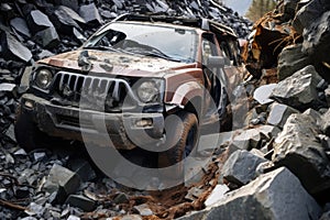 Car accident, Dangerous driving on a mountain road during a rockfall.