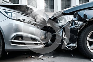 car accident. frontal crash of two cars closeup