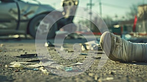 Car accident injuries with Wounded knee in a bandage, crumpled car wreckage in the background